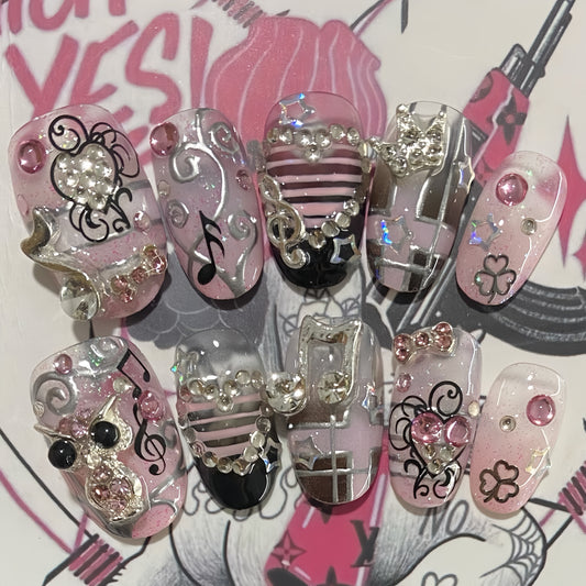 Medium Round Pink Stripe Owl Y2K Soundtrack Handmade Press On Nail Set