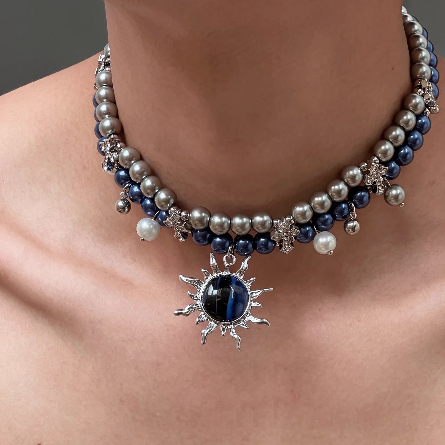 Blazing Sun Cross Double-Layer Pearl Necklace