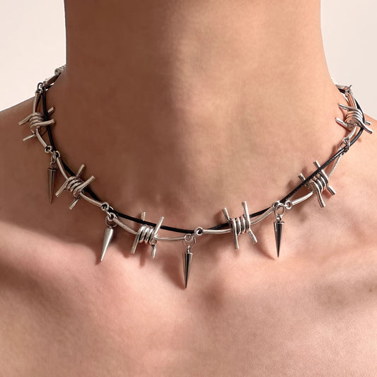 Thorn Wrapped Punk Rivet Collar Necklace