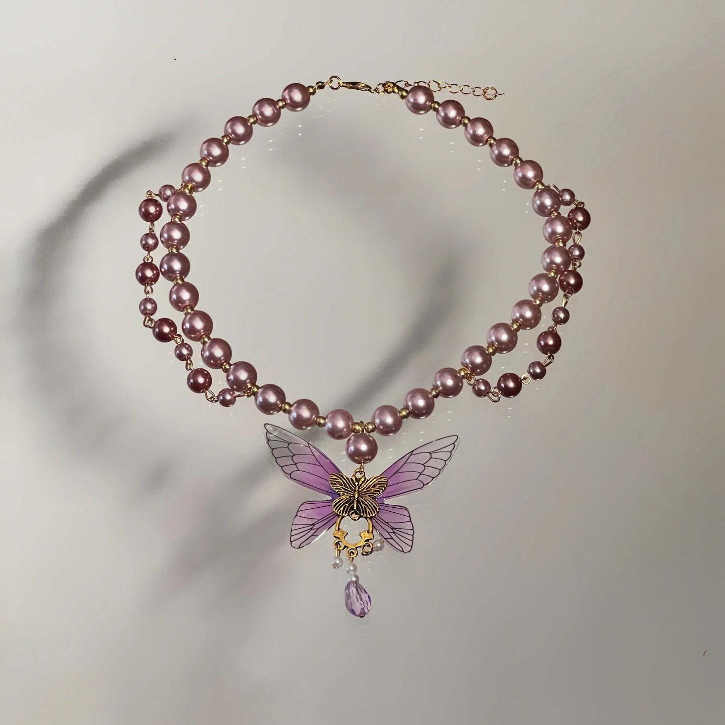 Fringed Butterfly Purple-Pink Pearl Necklace