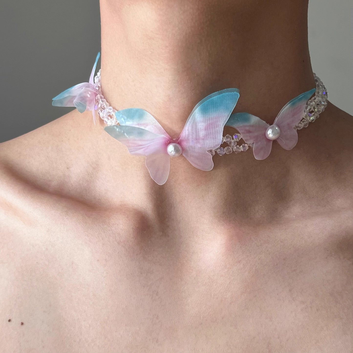 Dreamy Gradient Butterfly Crystal Tulle Necklace