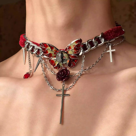 Velvet Butterfly Eye Cross Necklace