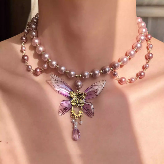 Fringed Butterfly Purple-Pink Pearl Necklace