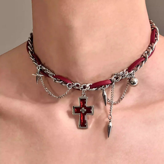 Dark Cross Rivet Scarlet Necklace