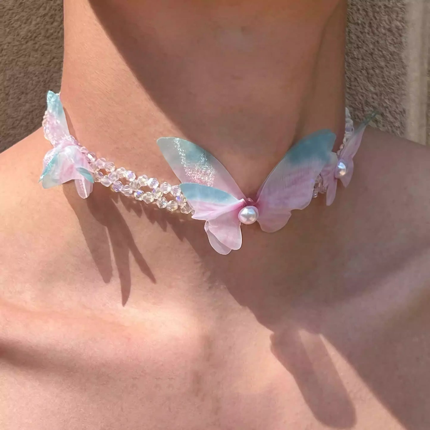 Dreamy Gradient Butterfly Crystal Tulle Necklace