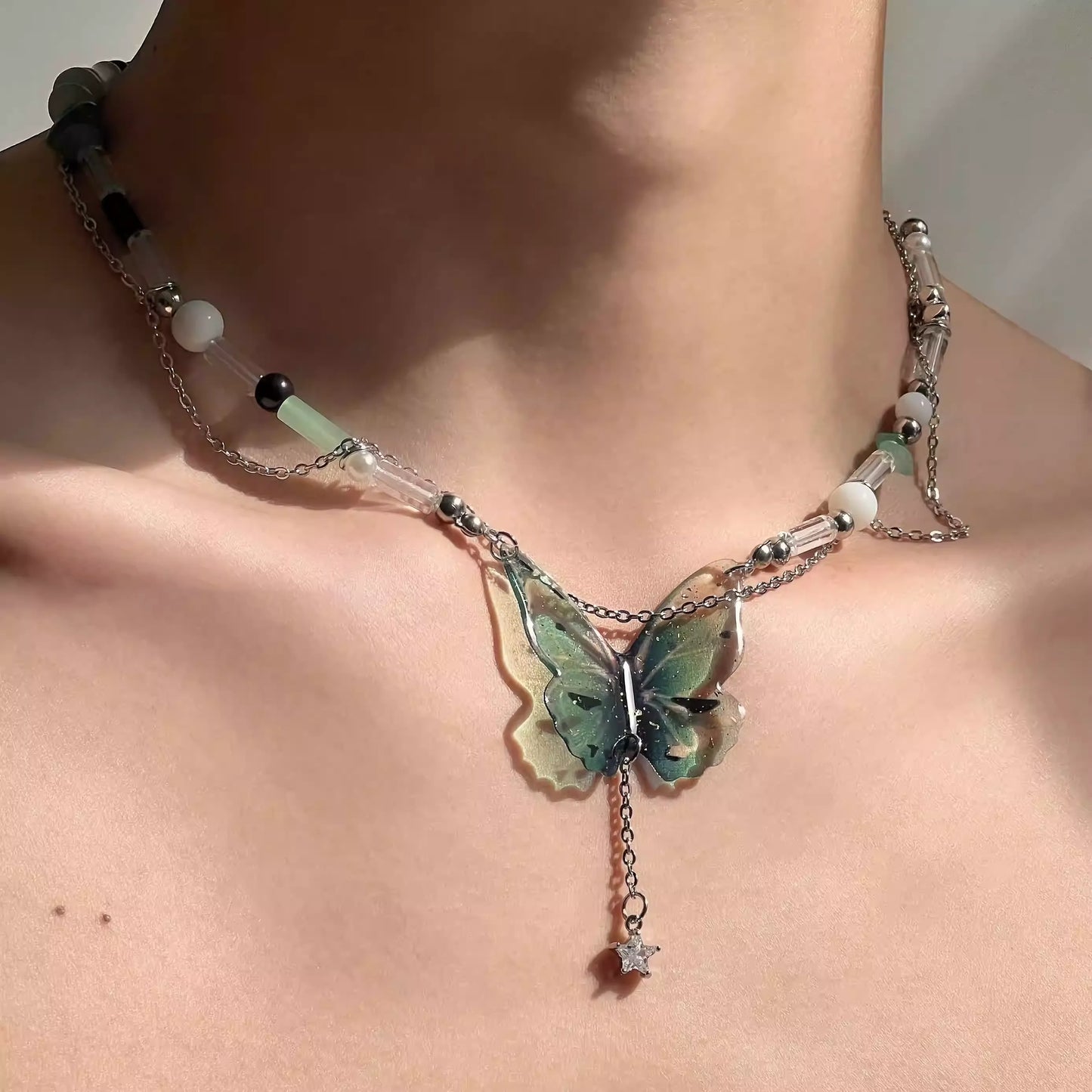 Butterfly Fringe Bamboo Joint Double-Layer Necklace