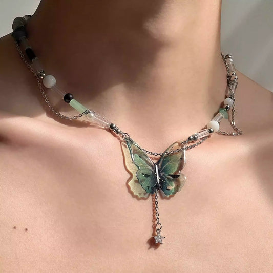 Butterfly Fringe Bamboo Joint Double-Layer Necklace