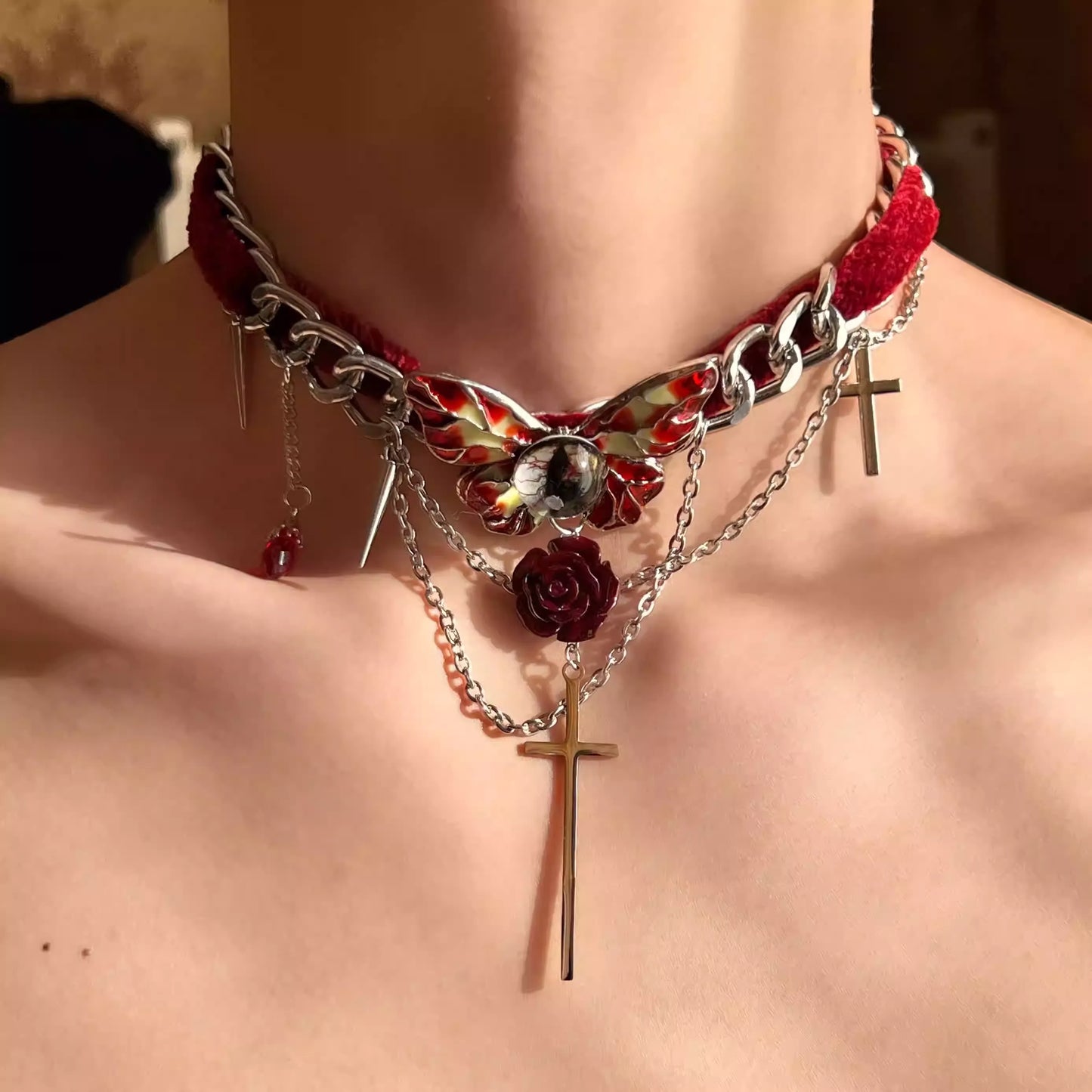 Velvet Butterfly Eye Cross Necklace
