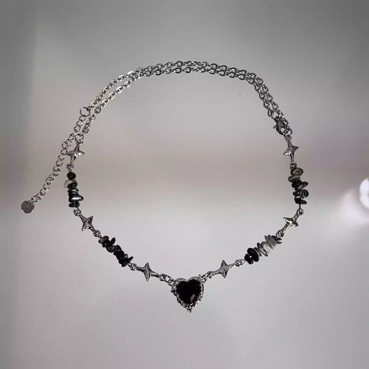 Black Gem Starburst Heart Crushed Stone Necklace