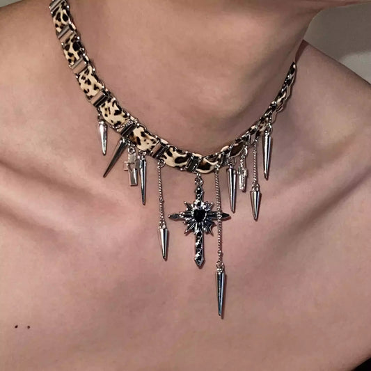 Leopard Print Rivet Cross Collar