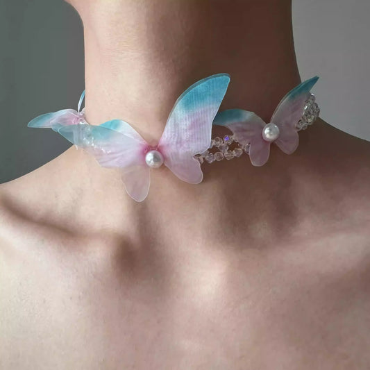 Dreamy Gradient Butterfly Crystal Tulle Necklace