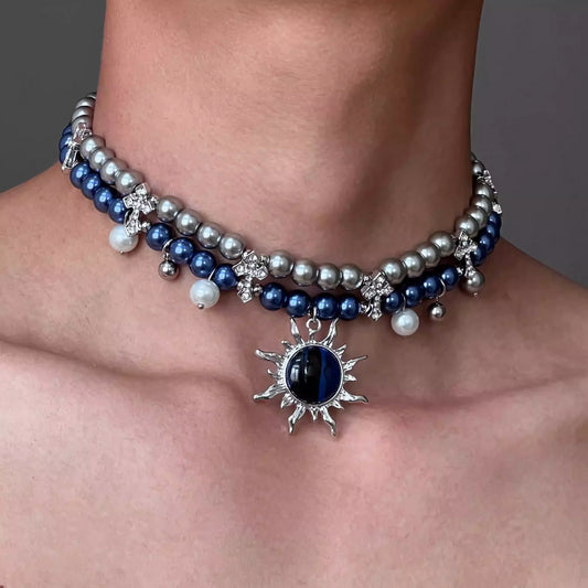Blazing Sun Cross Double-Layer Pearl Necklace